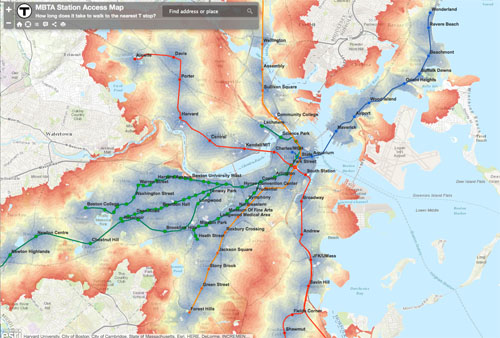 Boston walking map of MBTA stations