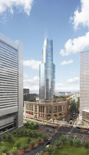 Rendering of a proposed office tower over South Station