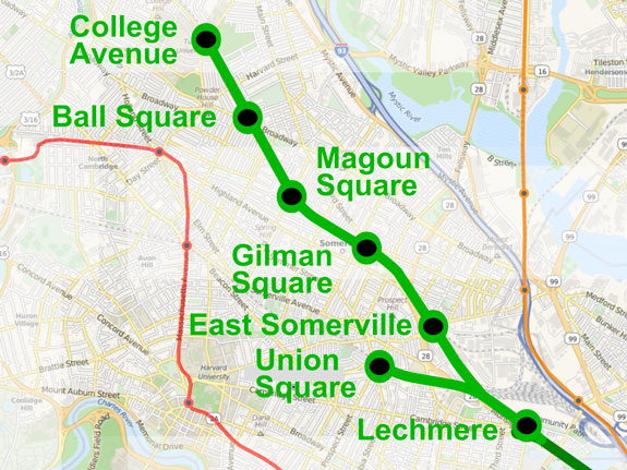 Map of the MBTA Green line extension
