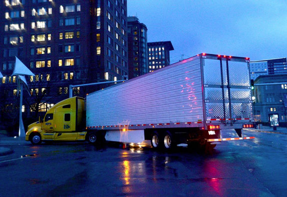 Trucks at night in South Boston Seaport